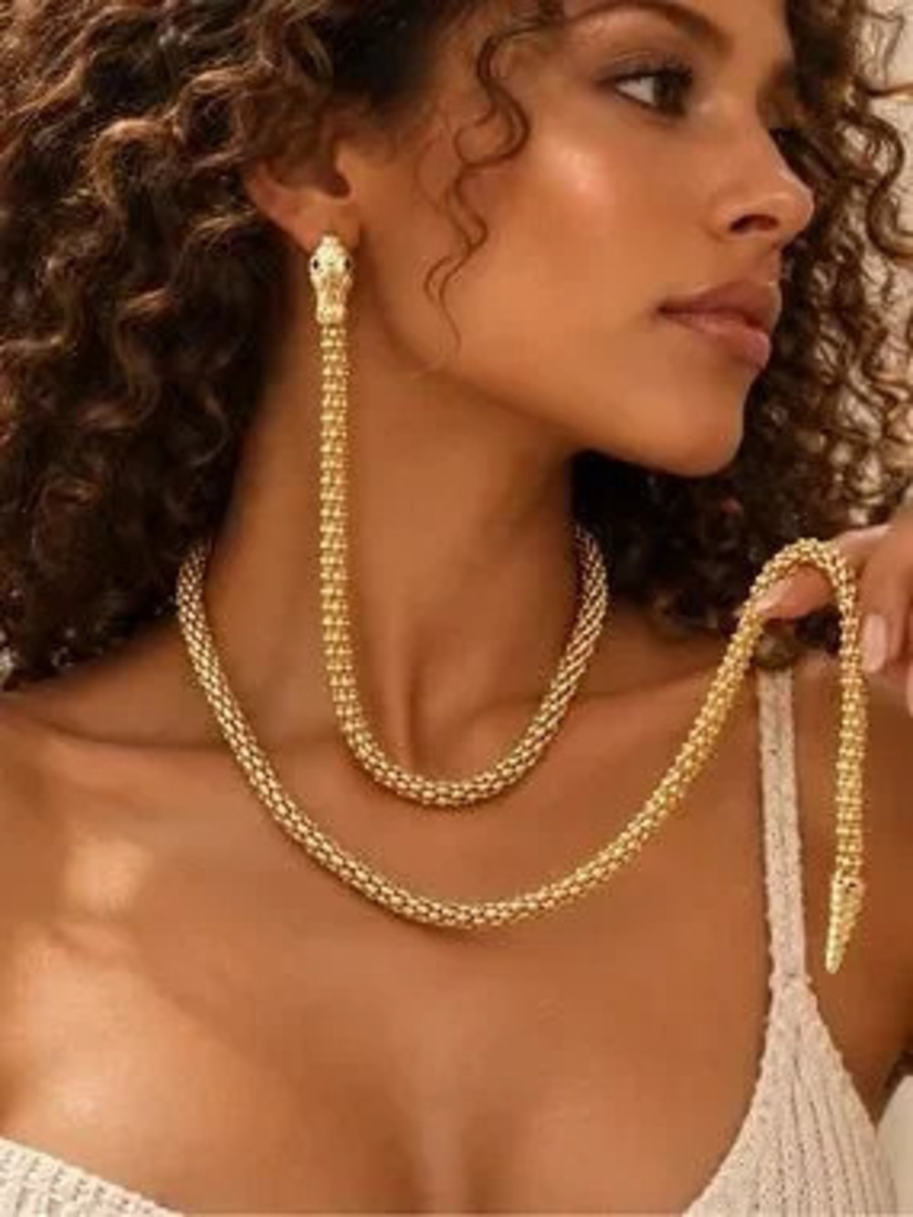 Sculptural Serpent Lariat Necklace and Earring Jewelry